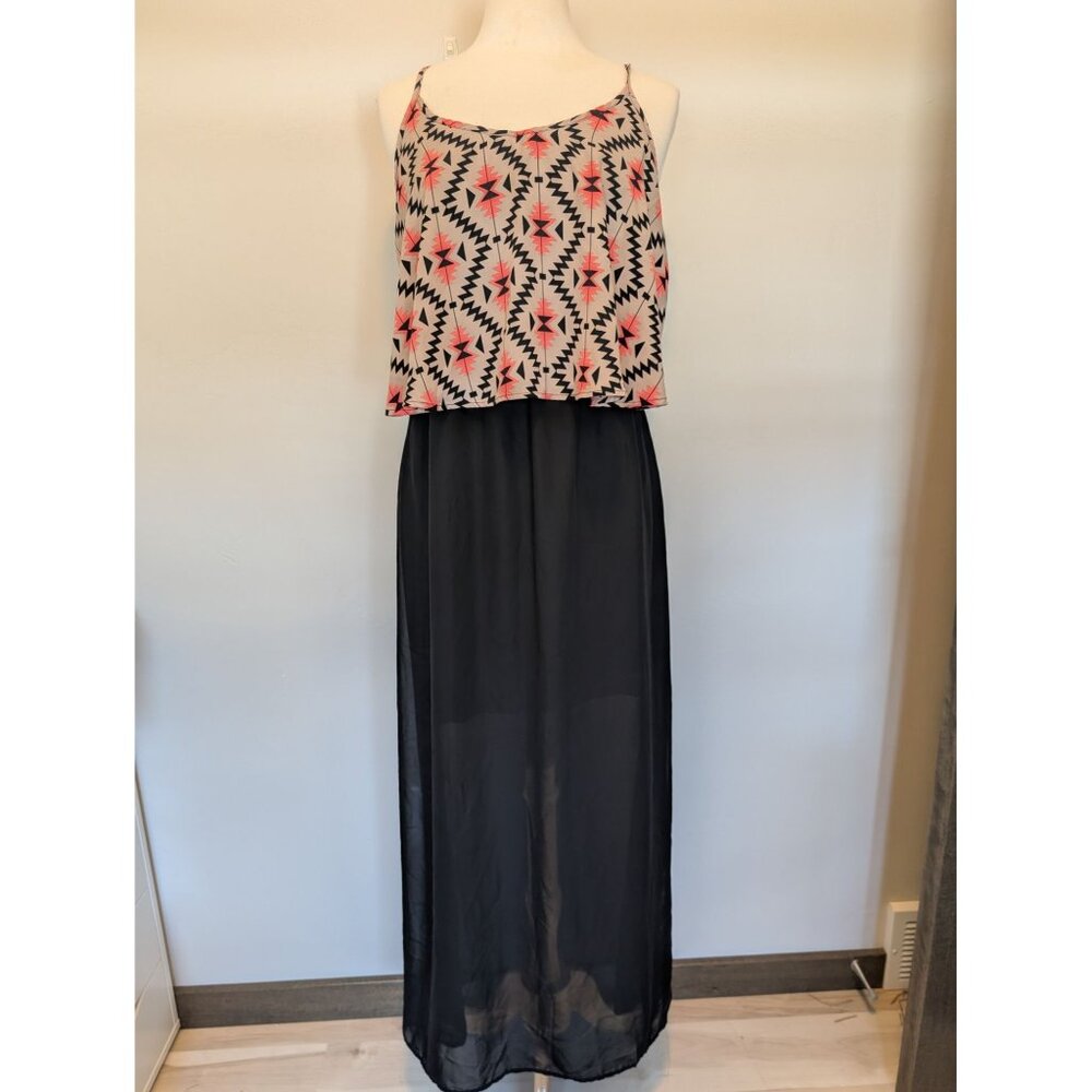 Aztec Print Maxi Dress With Sheer Black Skirt & Spaghetti Straps XL (15-17) y2k